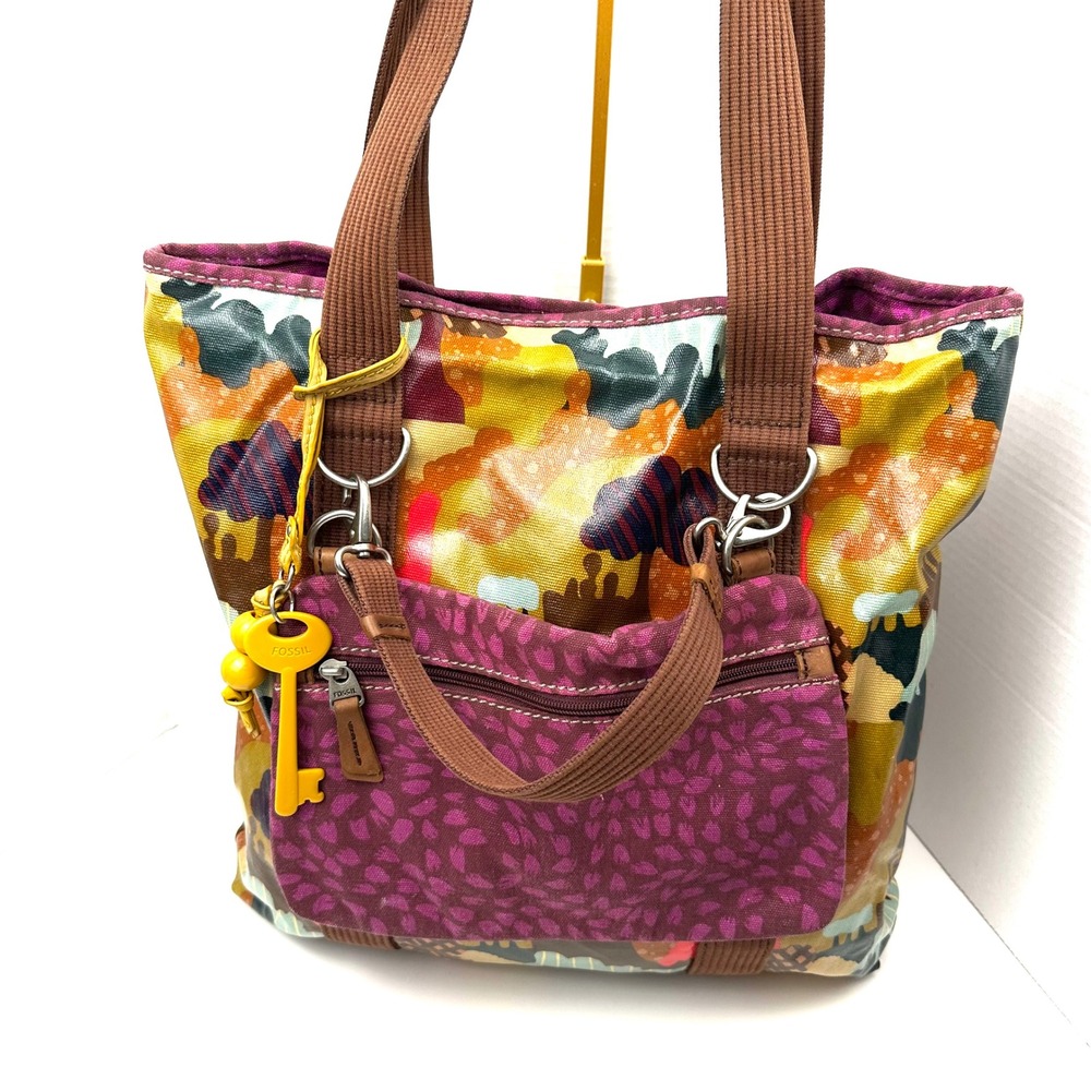 Fossil Key-Per Coated Canvas Tote Bag Multicolor Floral Tree Print Large Boho
